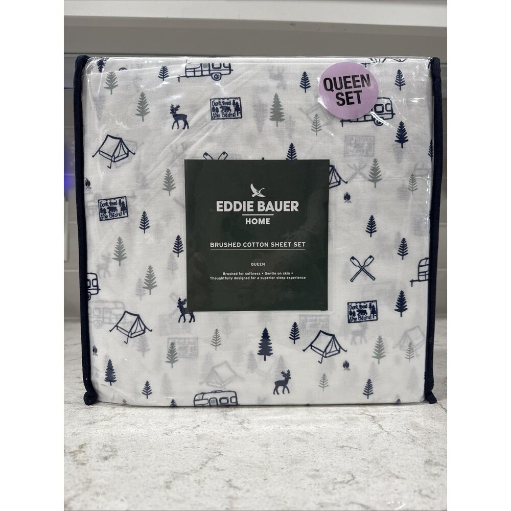 CAMP OUT BLUE Eddie Bauer QUEEN Brushed COTTON 4PC SHEET SET Deer Tent Sheets